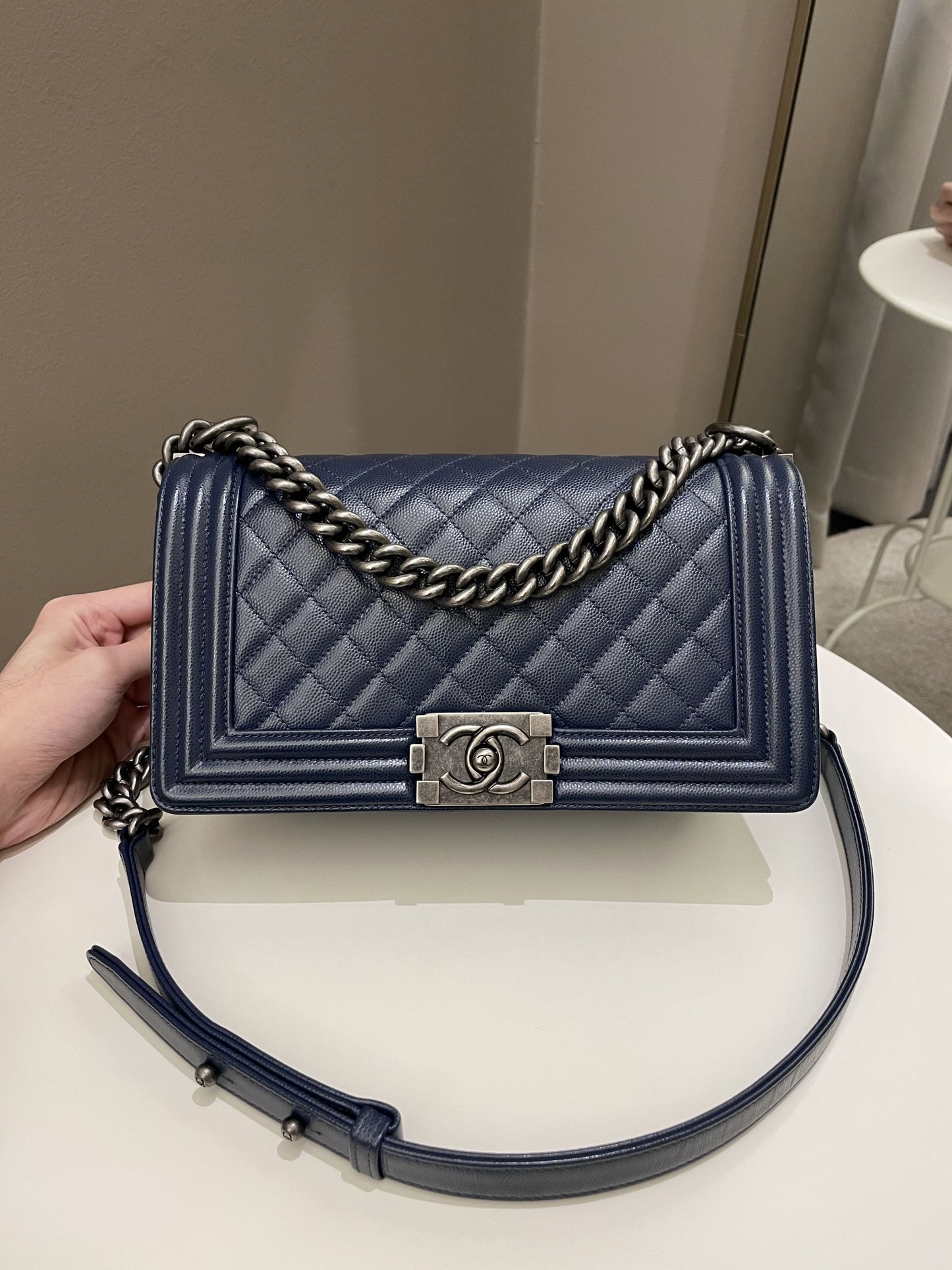 Luxury Chanel Quilted Boy Old Medium Navy Caviar