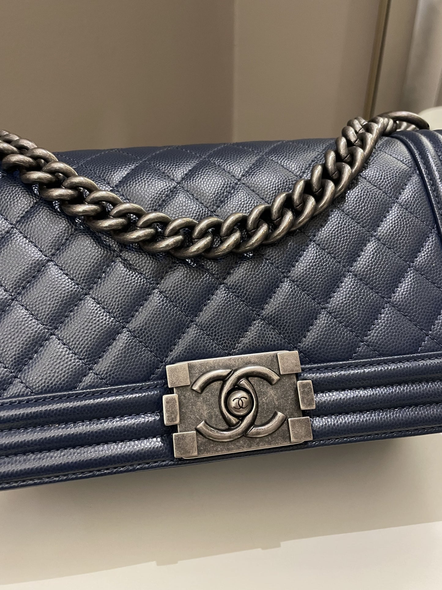 Luxury Chanel Quilted Boy Old Medium Navy Caviar