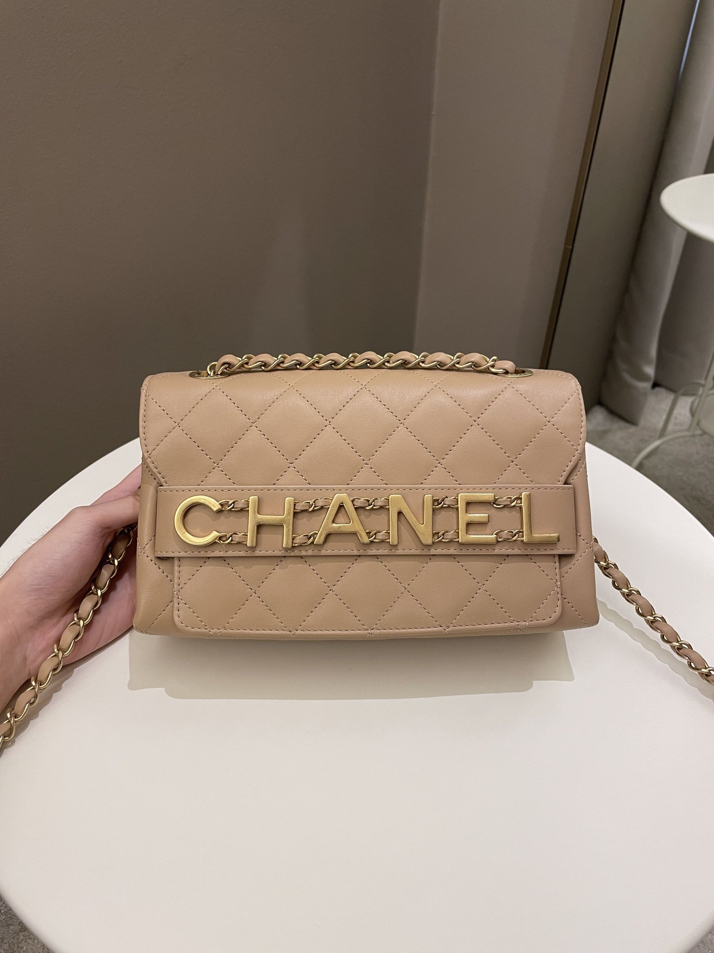Luxury Chanel C H A N E L Lettering Flap Dark Beige Calfskin