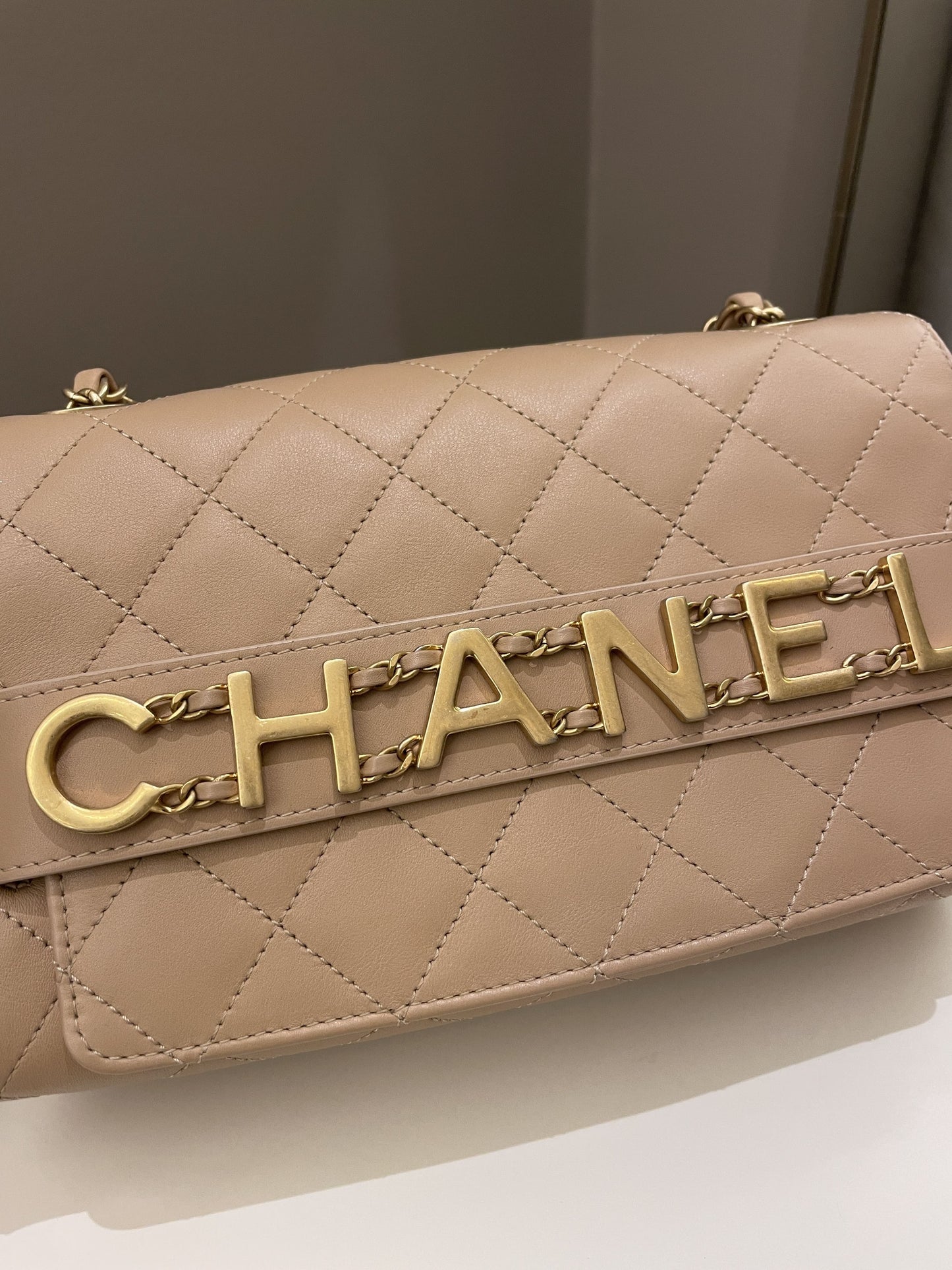 Luxury Chanel C H A N E L Lettering Flap Dark Beige Calfskin