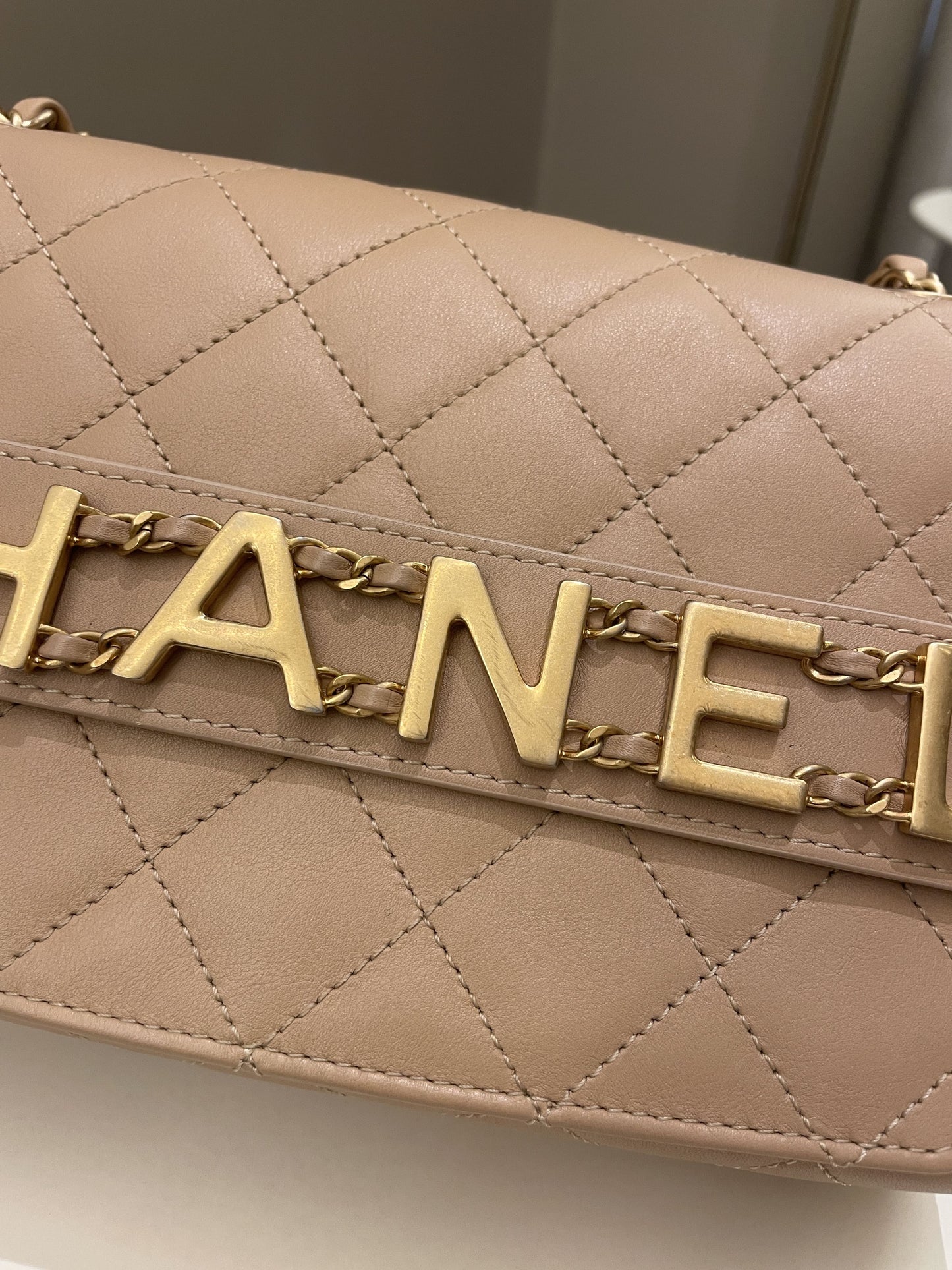 Luxury Chanel C H A N E L Lettering Flap Dark Beige Calfskin