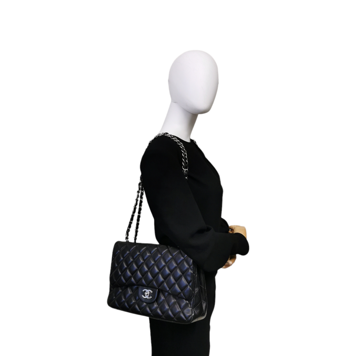 Luxury Chanel Classic Single Flap Jumbo Black Lambskin Silver