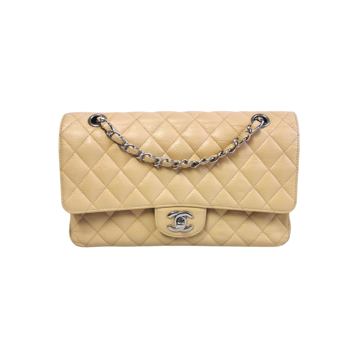 Luxury Chanel Classic Double Flap Medium Beige Caviar Silver