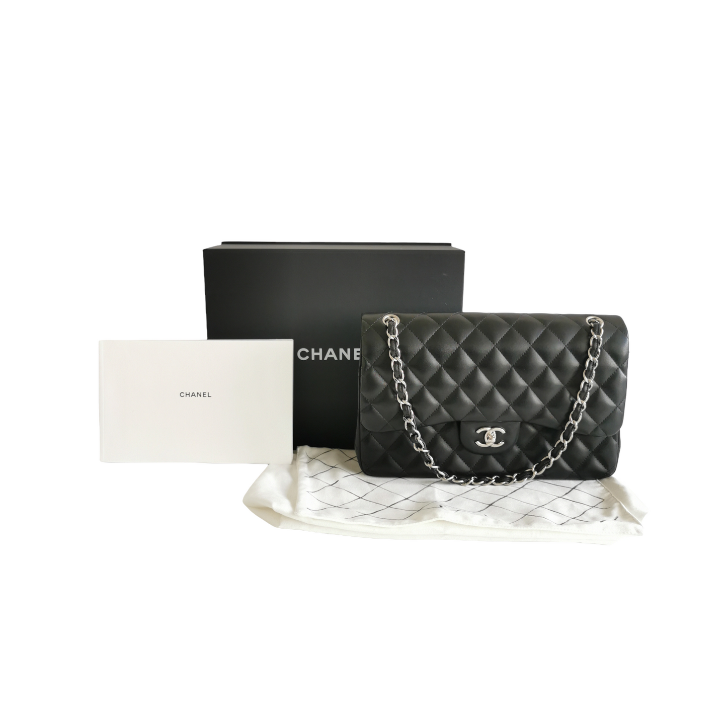 Luxury Chanel Classic Double Flap Jumbo Black Lambskin Silver