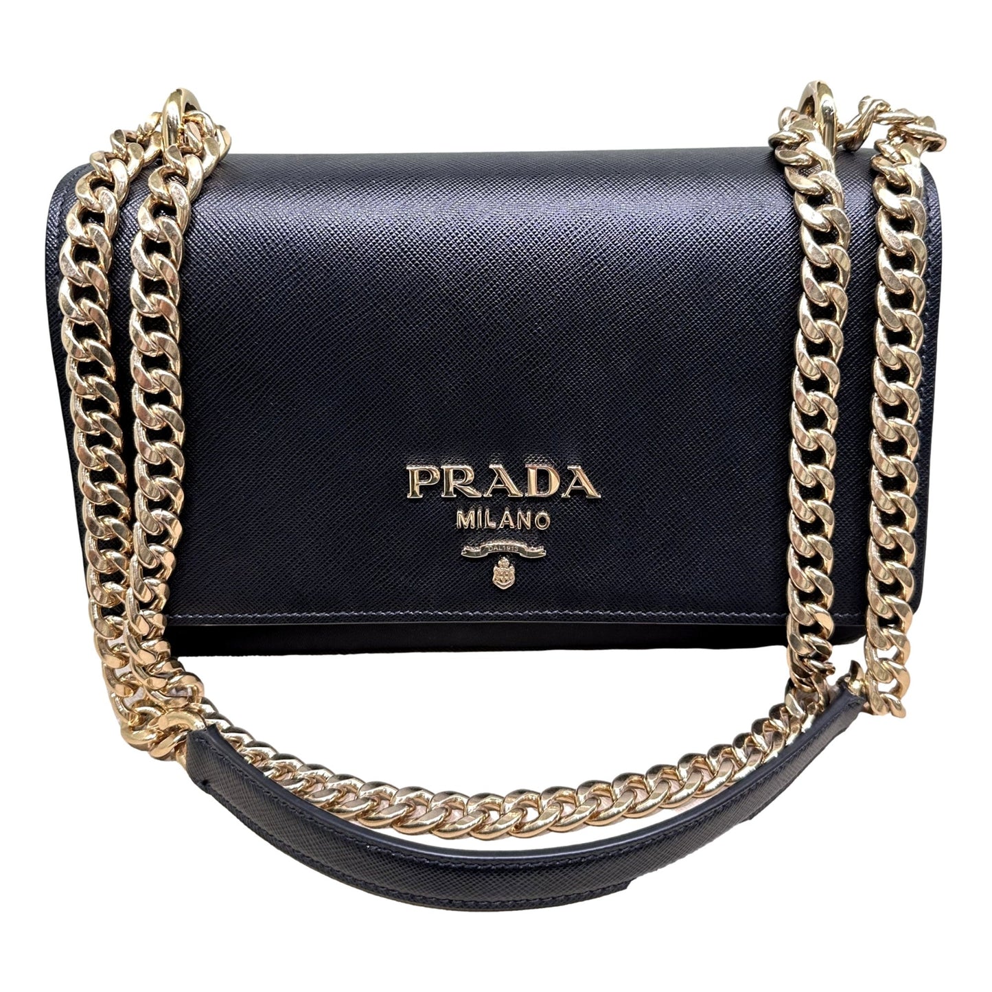 Luxury PradaPattina Black Leather and Nylon Flap Crossbody Bag
