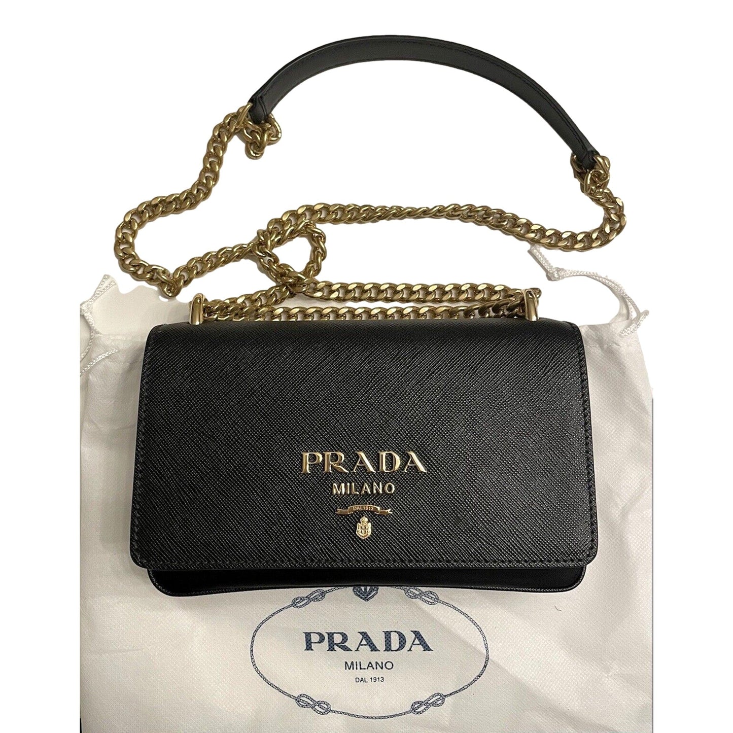 Luxury PradaPattina Black Leather and Nylon Flap Crossbody Bag