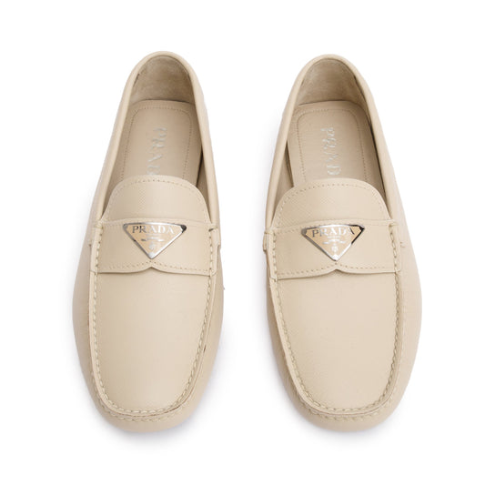 Prada Beige Saffiano Leather Driver Men's Loafers, Size 7.5