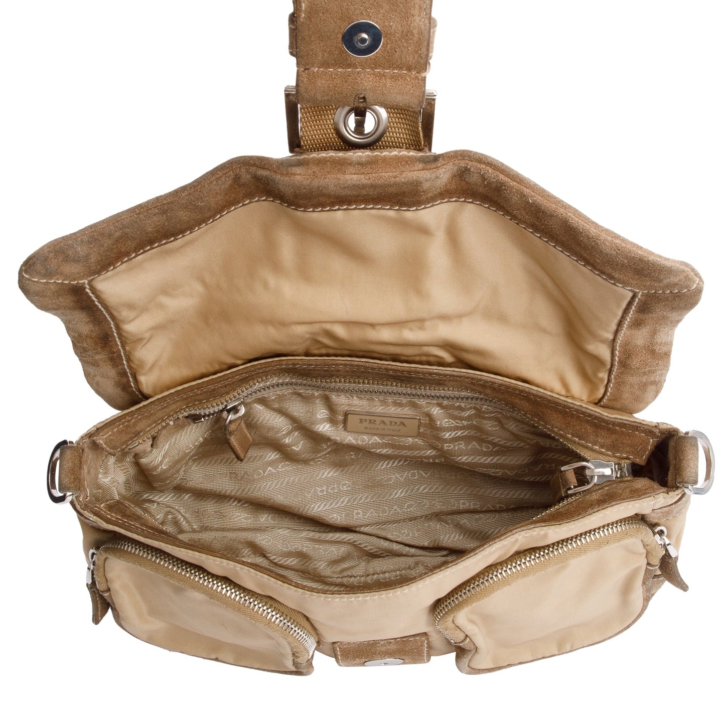 Prada Beige Suede Trim Nylon Buckle Flap Bag