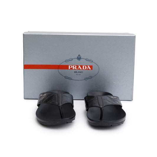 Prada Black Embossed Leather Mens Thong Slide Sandals, Size 7