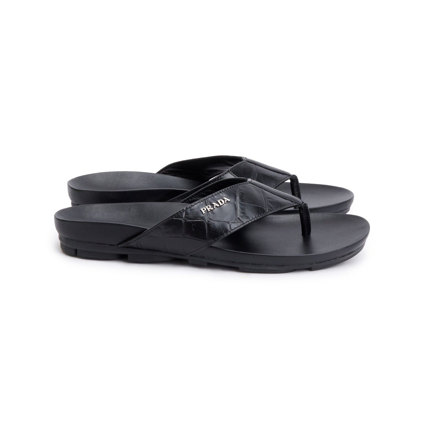Prada Black Embossed Leather Mens Thong Slide Sandals, Size 7