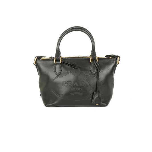 Prada Black Glace Calf Embossed Logo Tote