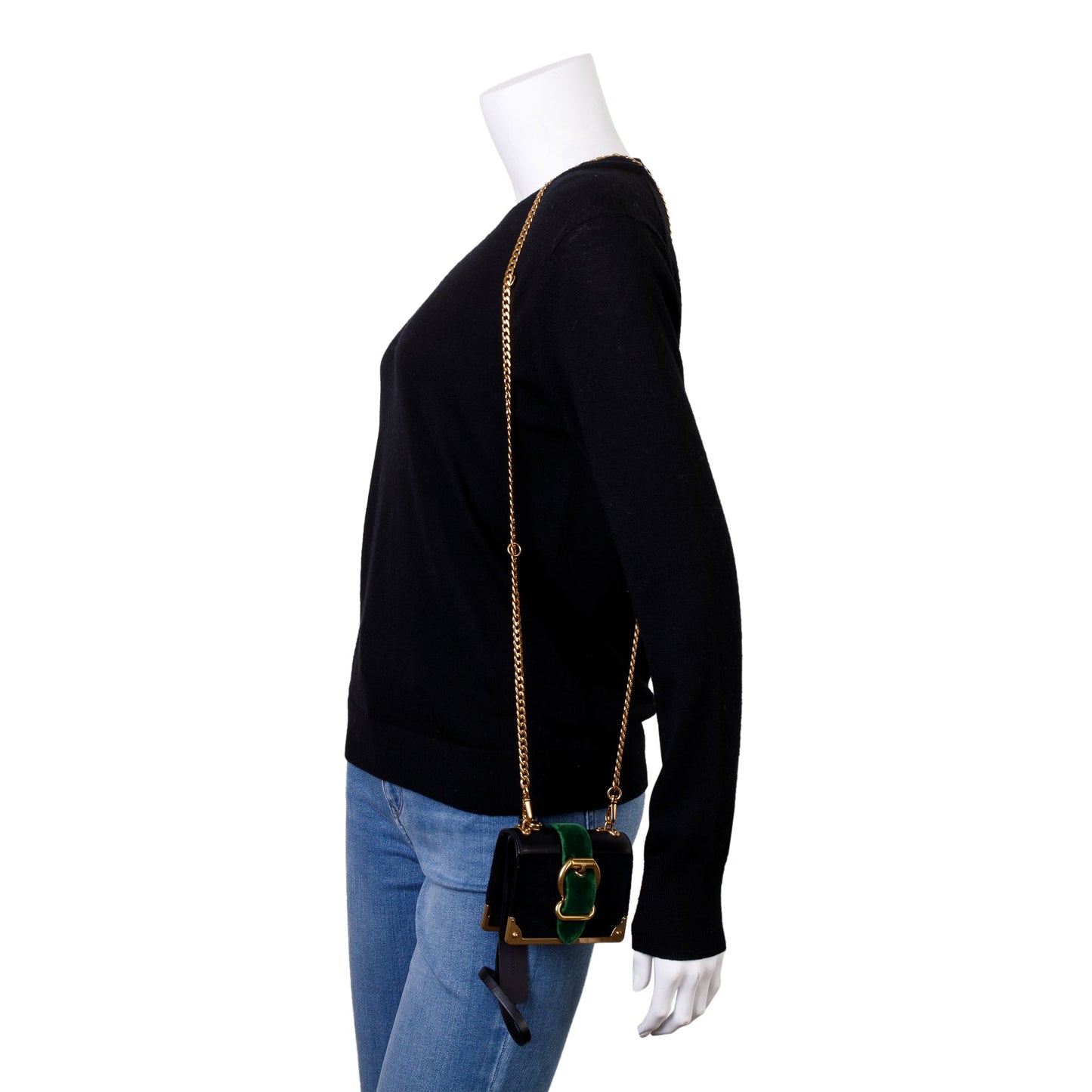 Prada Black Green Velluto City Calf Wallet on Chain