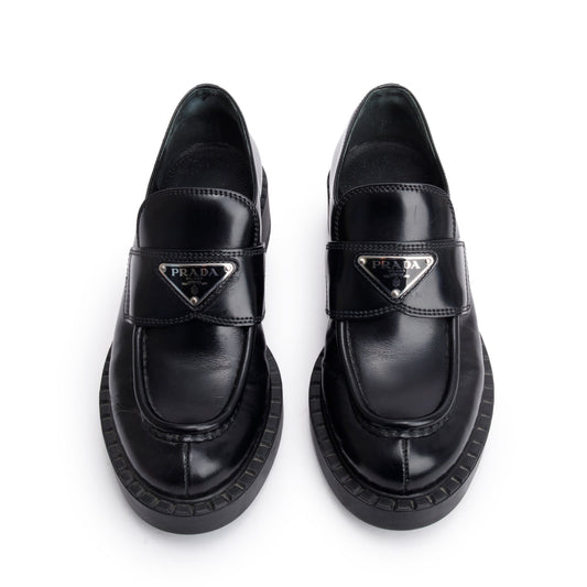 Prada Black Leather Signature Logo Loafers, Size 35