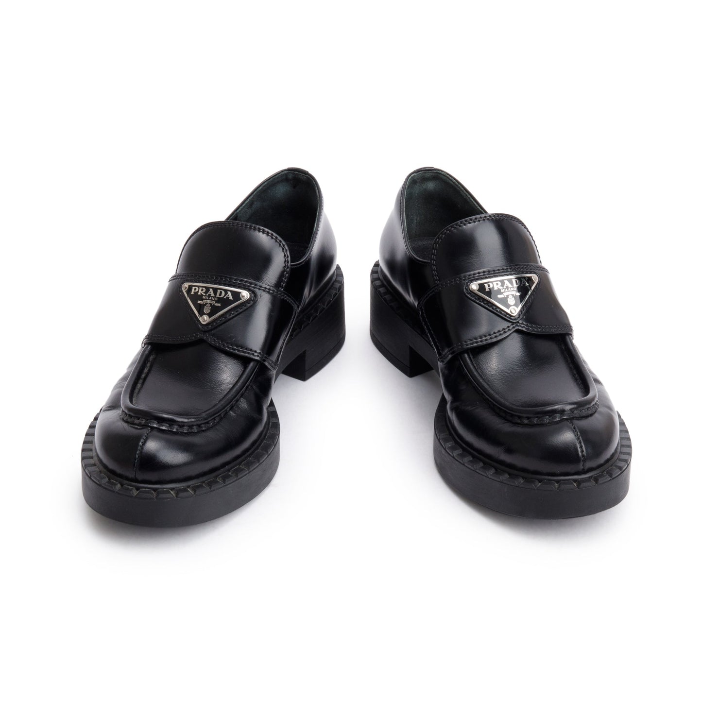 Prada Black Leather Signature Logo Loafers, Size 35