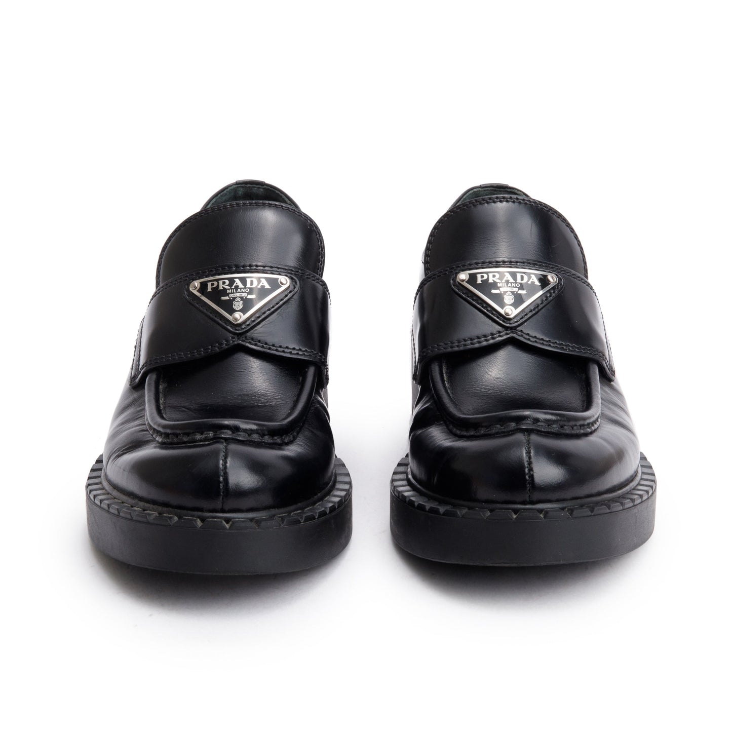 Prada Black Leather Signature Logo Loafers, Size 35