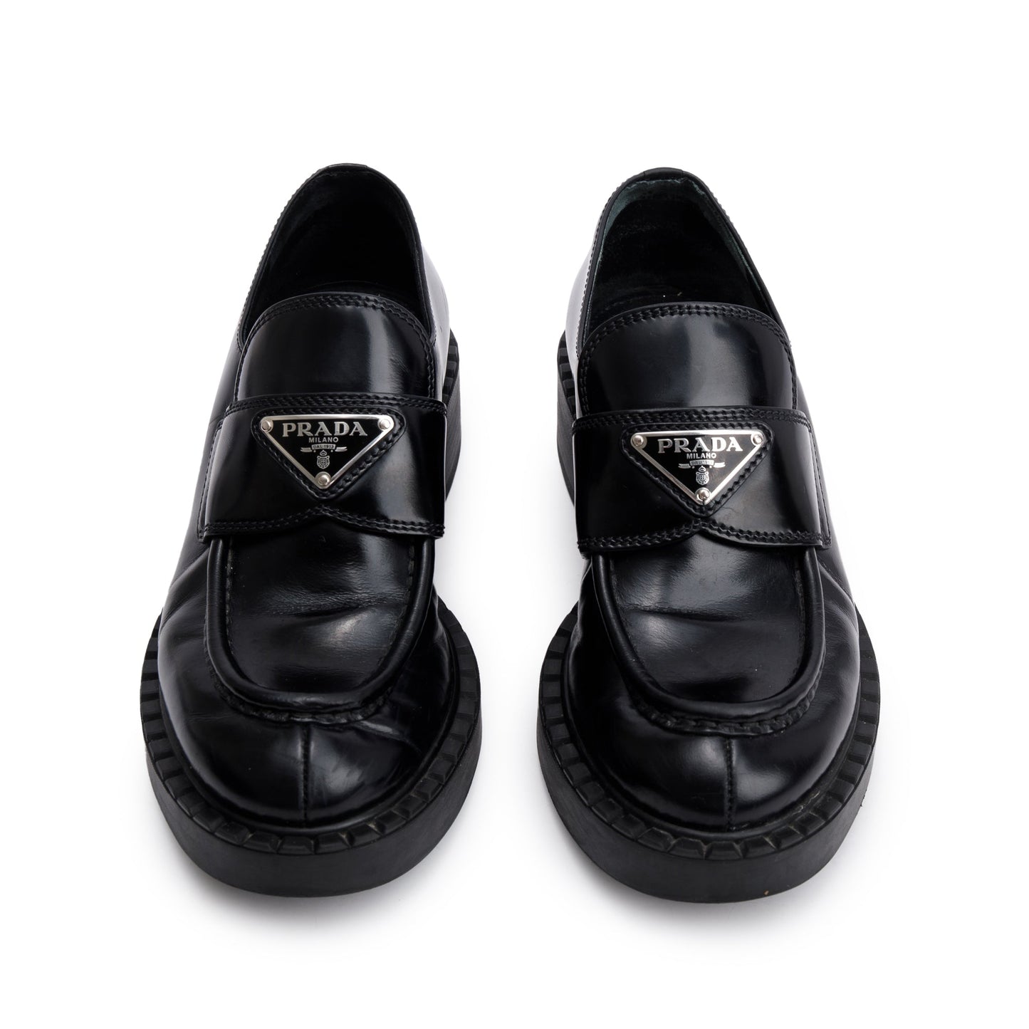 Prada Black Leather Signature Logo Loafers, Size 35