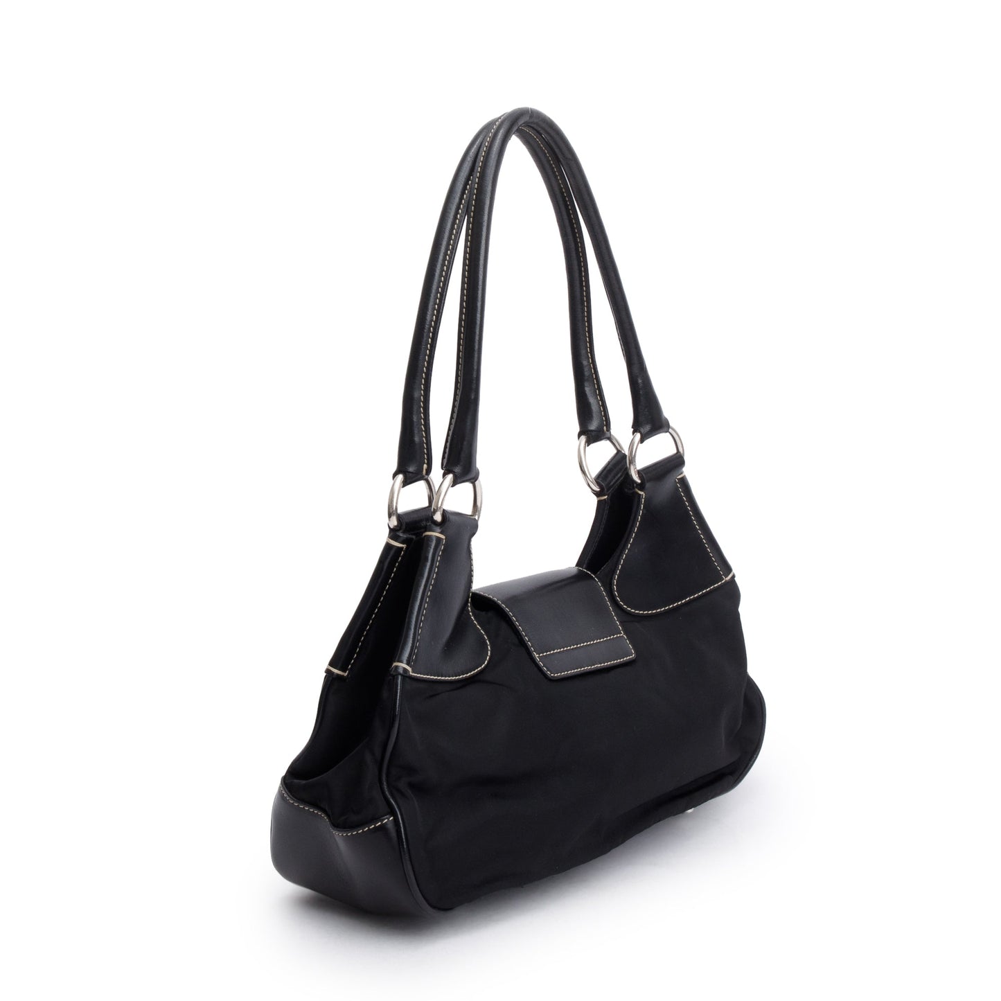 Prada Black Leather-Trimmed Tessuto Nylon Moon Bag