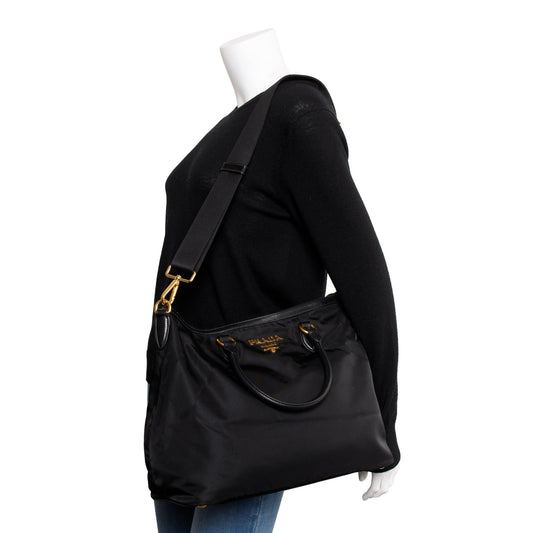Prada Black Leather Trimmed Tessuto Nylon Tote