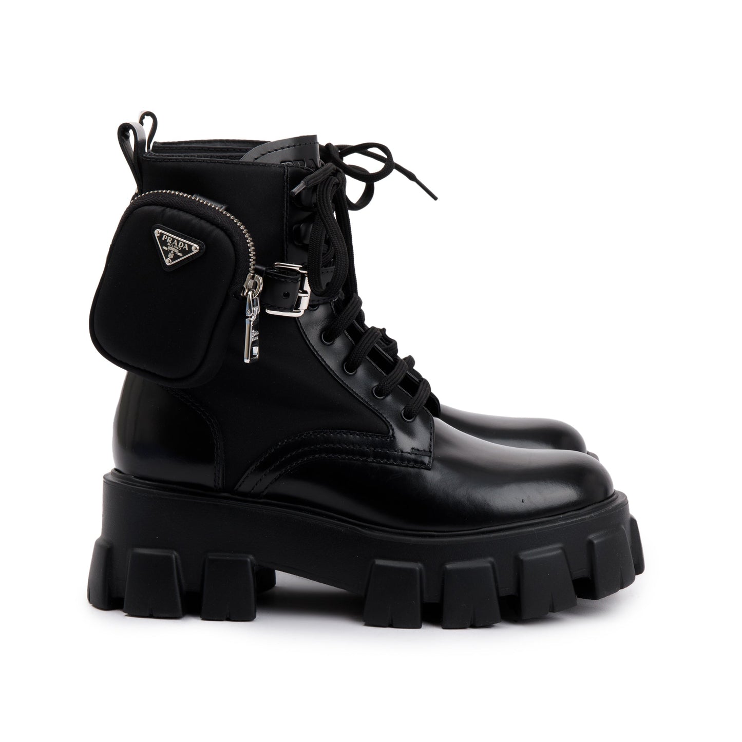 Prada Black Monolith Leather and Re-Nylon Boots with Pouch, Size 38