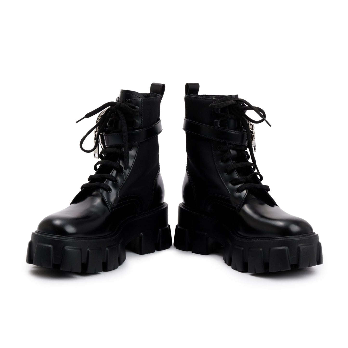 Prada Black Monolith Leather and Re-Nylon Boots with Pouch, Size 38