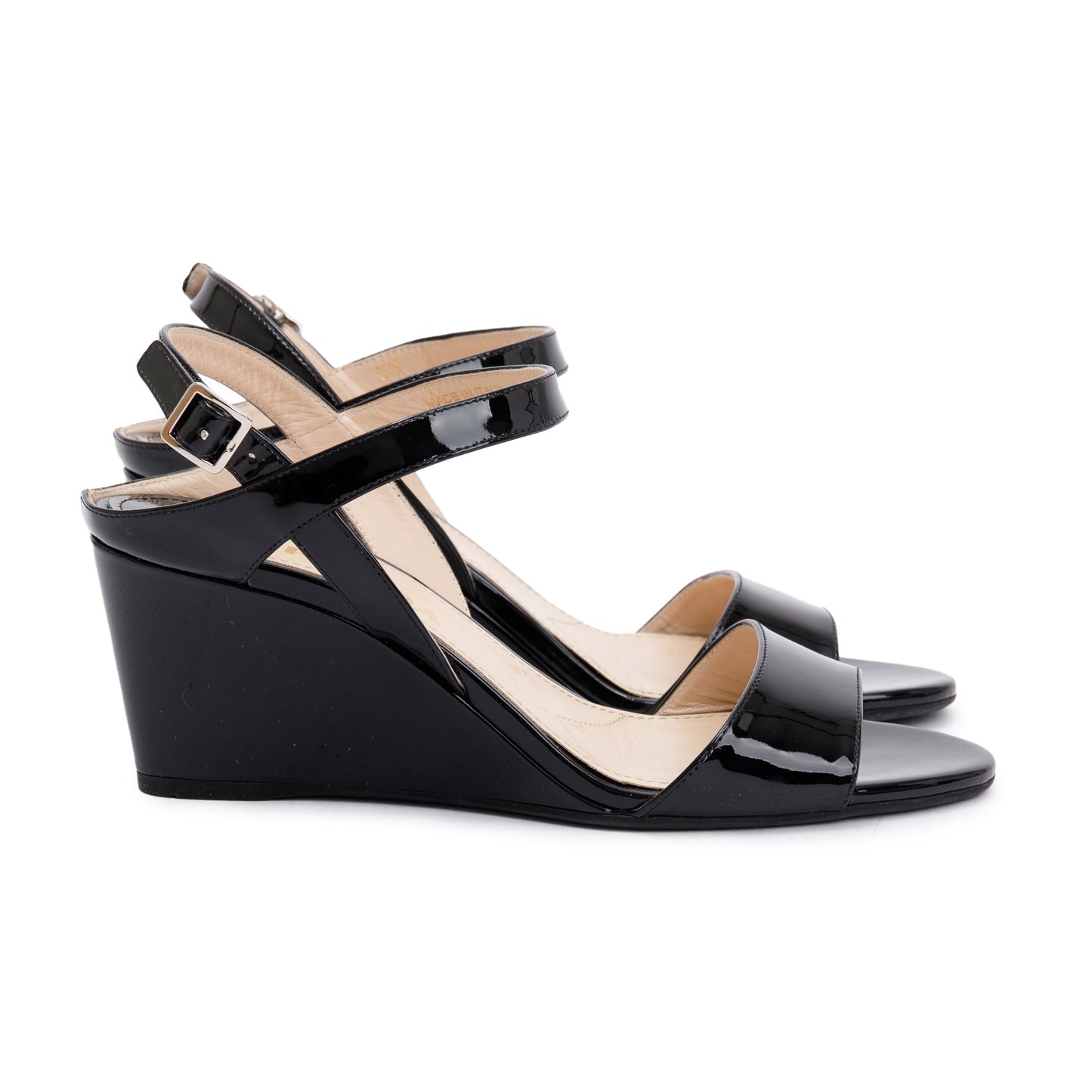 Prada Black Patent Leather Calzature Donna Wedge Sandals, Size 37