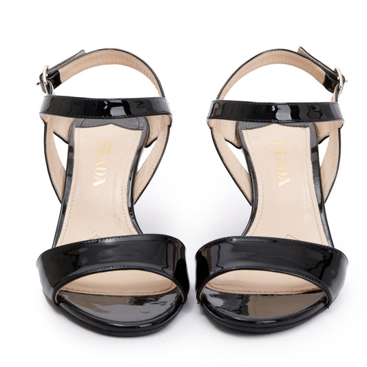 Prada Black Patent Leather Calzature Donna Wedge Sandals, Size 37