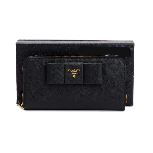 Prada Black Saffiano Leather Bow Zip Around Wallet