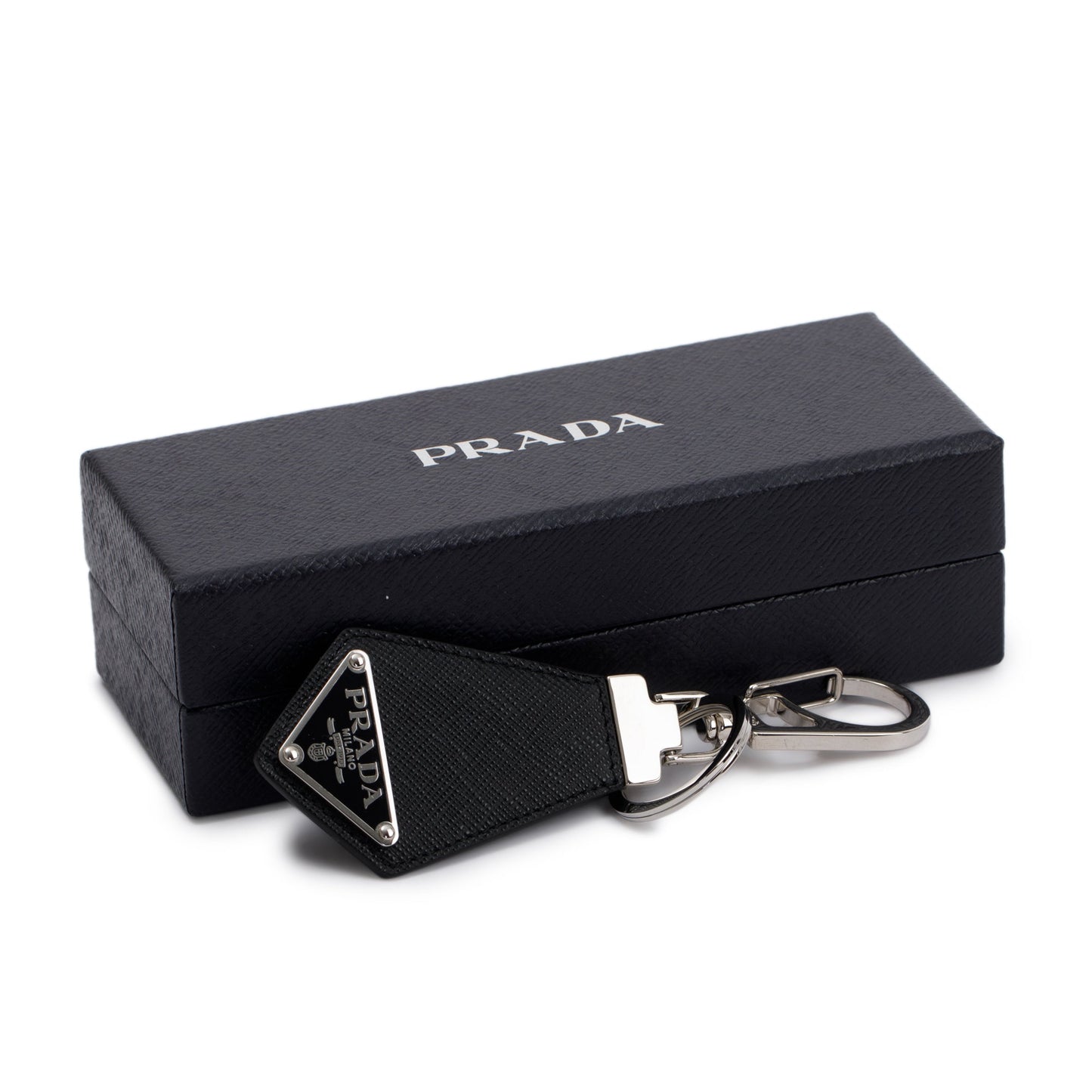 Prada Black Saffiano Leather Logo Keychain