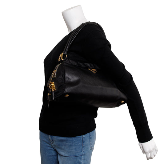 Prada Black Saffiano Leather & Tessuto Vernice Bauletto Frame Bag