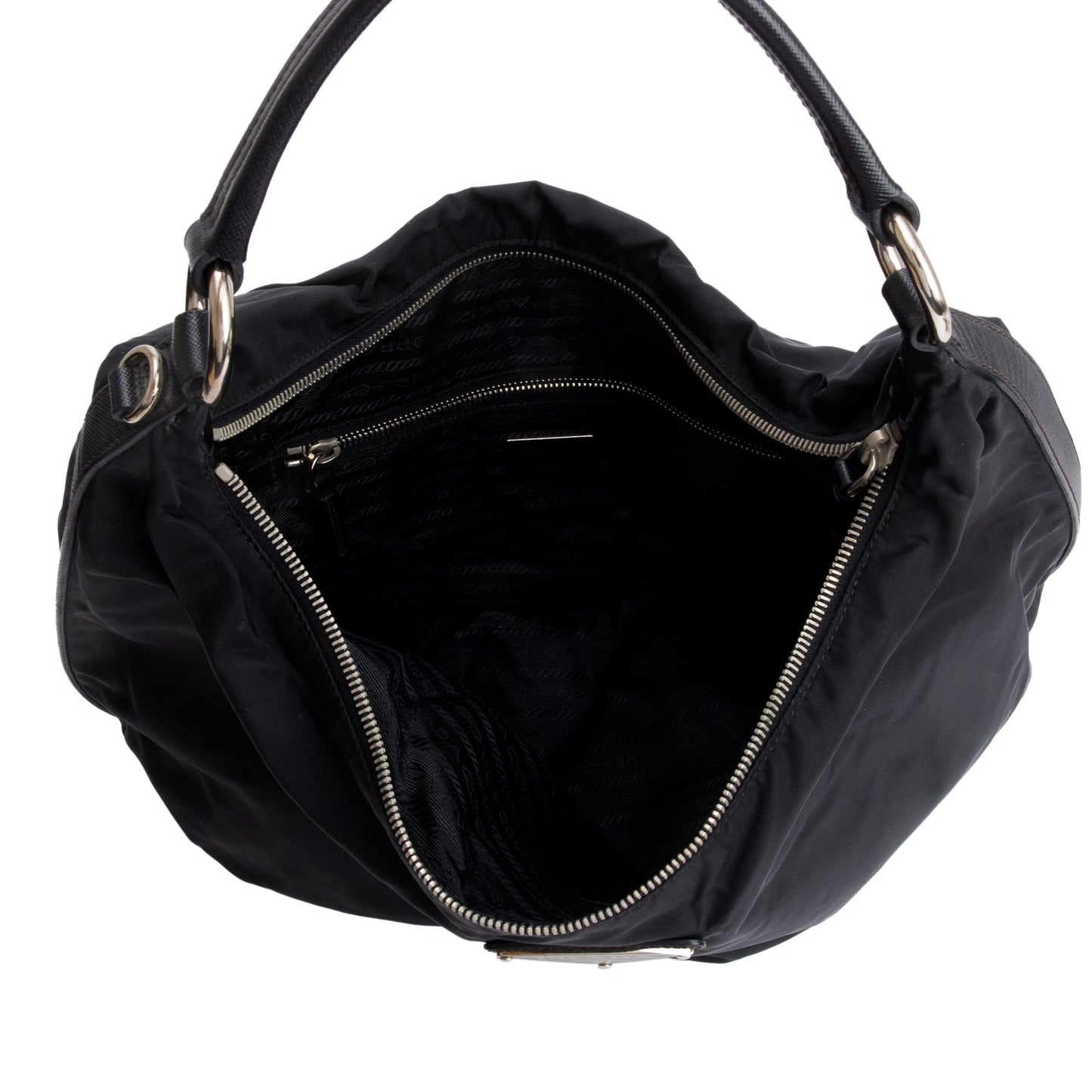 Prada Black Saffiano Leather-Trimmed Tessuto Nylon Hobo Bag