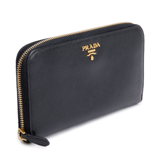 Prada Black Saffiano Leather Zip Around Wallet