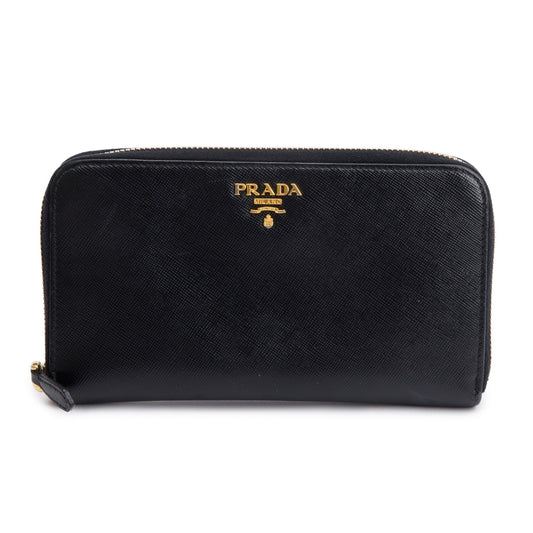 Prada Black Saffiano Leather Zip Around Wallet