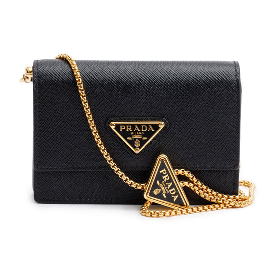 Prada Black Saffiano Metal Card Holder on Chain