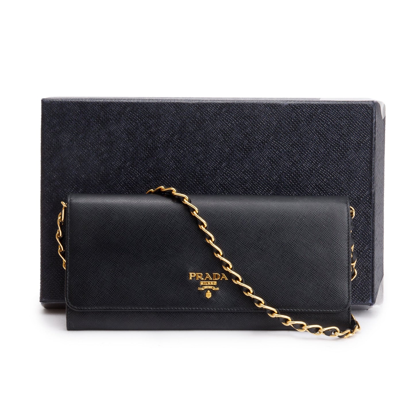 Prada Black Saffiano Metal Continental Wallet on Chain