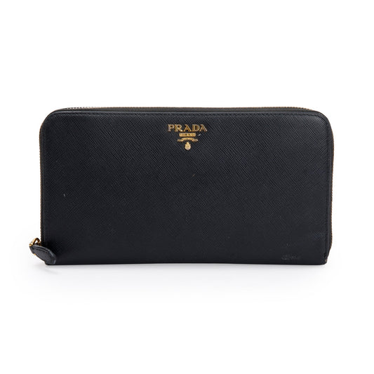 Prada Black Saffiano Zip Around Orgainzer Wallet