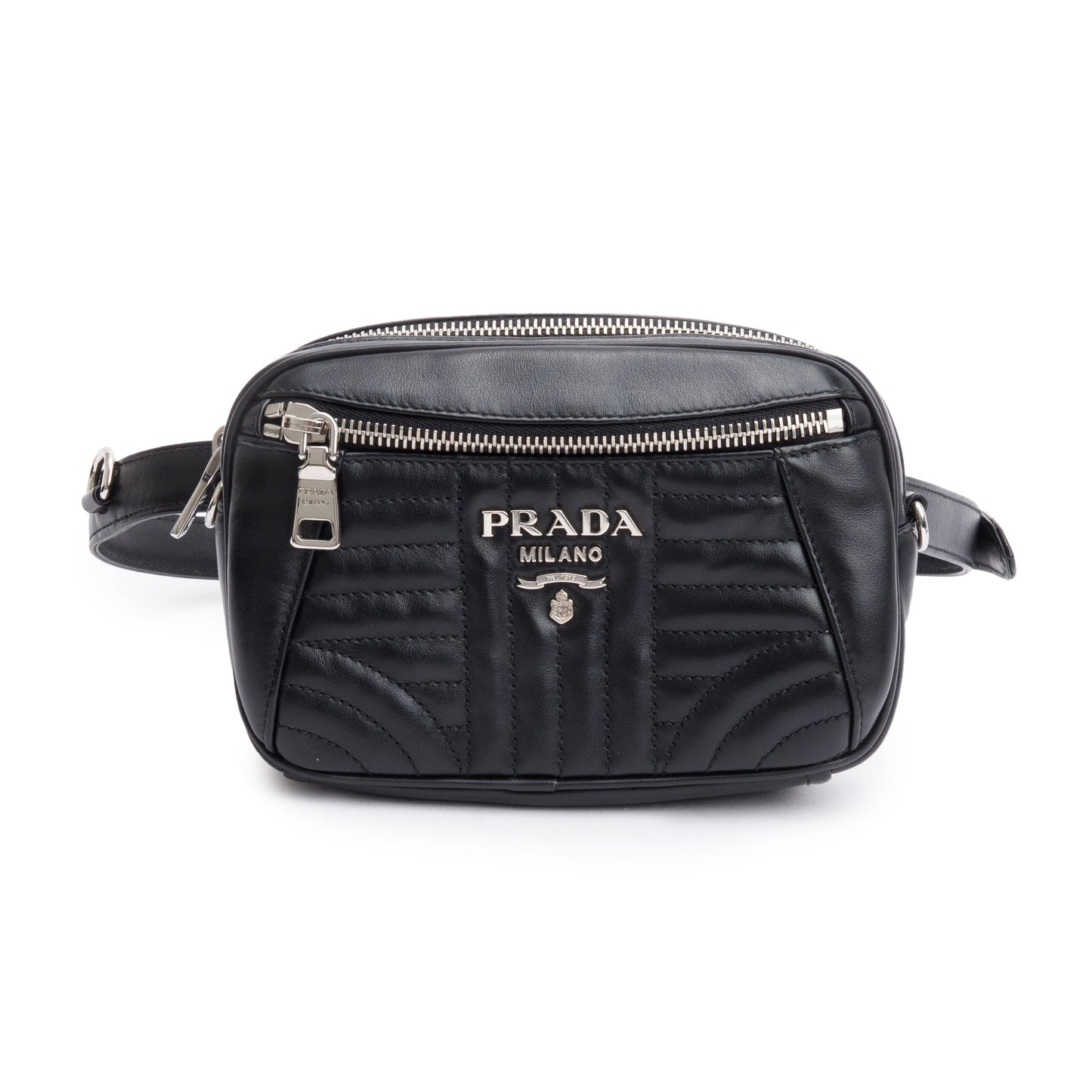 Prada Black Soft Calf Impuntu Logo Diagramme Camera Belt Bag