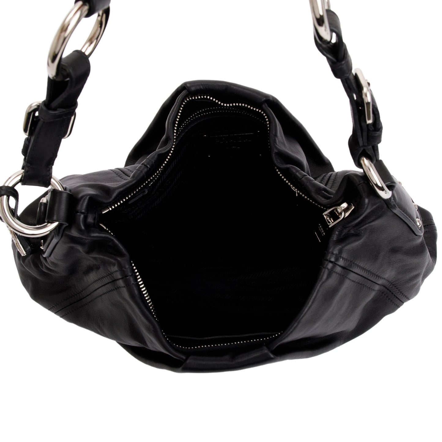 Prada Black Soft Calf Leather Pleated Hobo Bag
