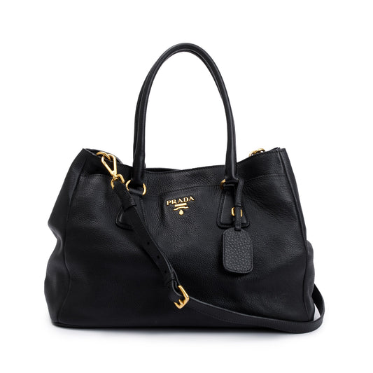 Prada Black Vitello Daino Convertible Tote