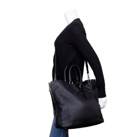 Prada Black Vitello Daino Leather Side Zip Shopping Tote