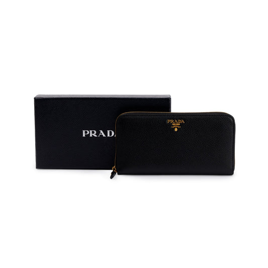 Prada Black Vitello Daino Zip Around Wallet