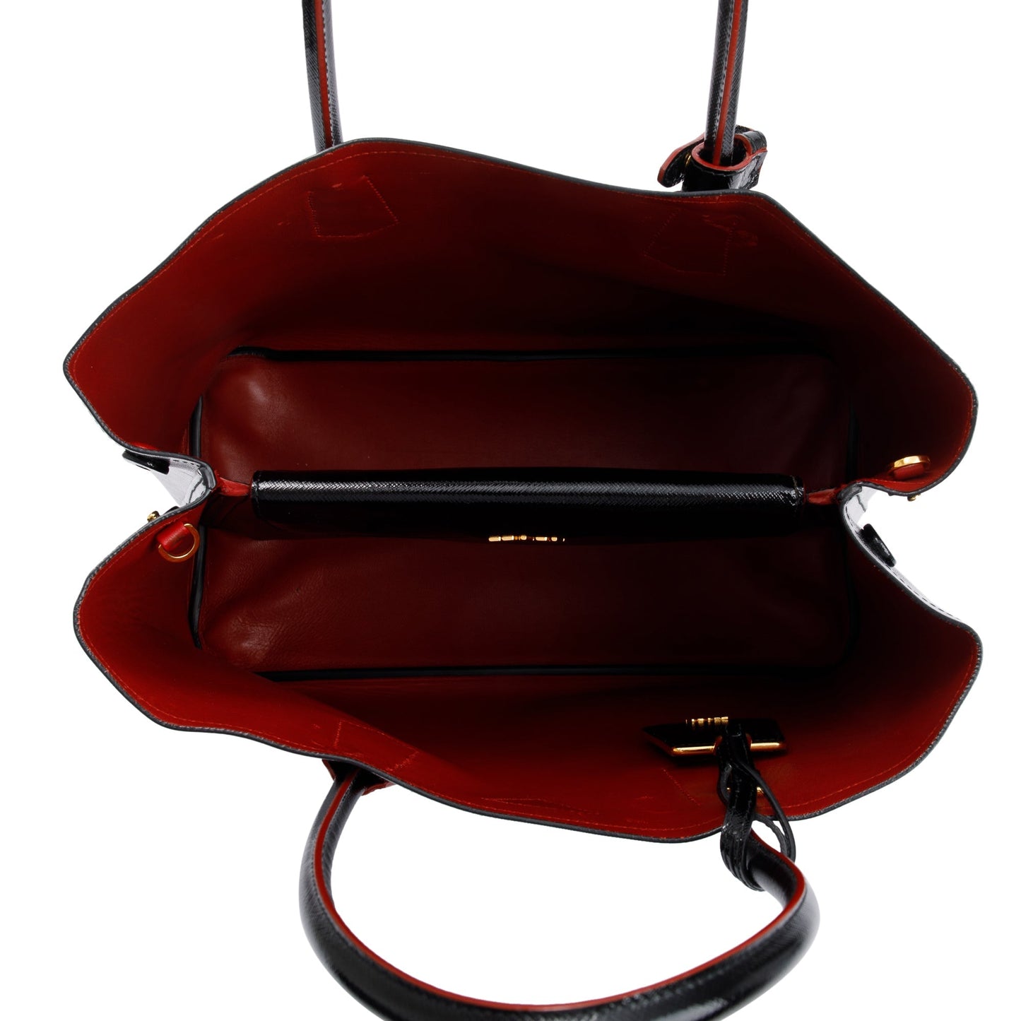 Prada Black/Red Saffiano Vernice Shiny Medium Cuir Double Tote