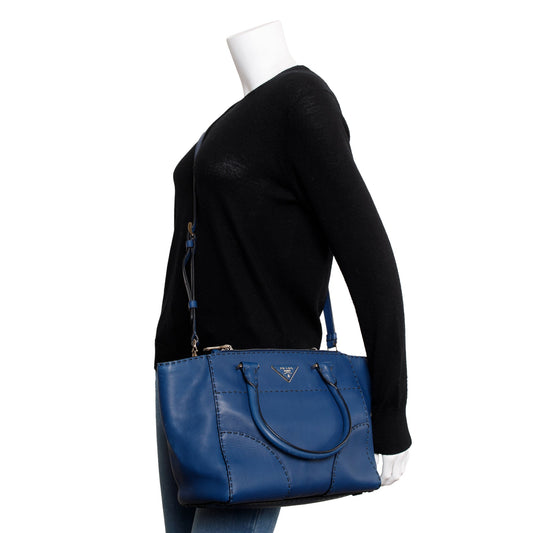 Prada Blue City Calf Small Twin Pocket Tote