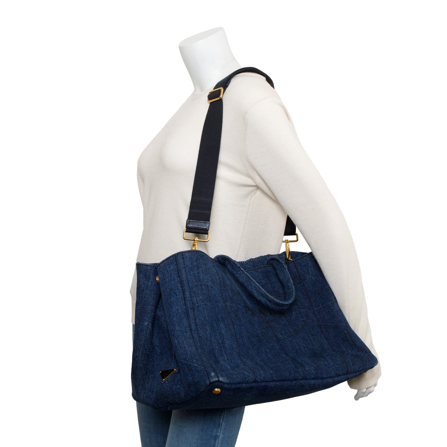 Prada Blue Denim Logo Canapa Large Tote