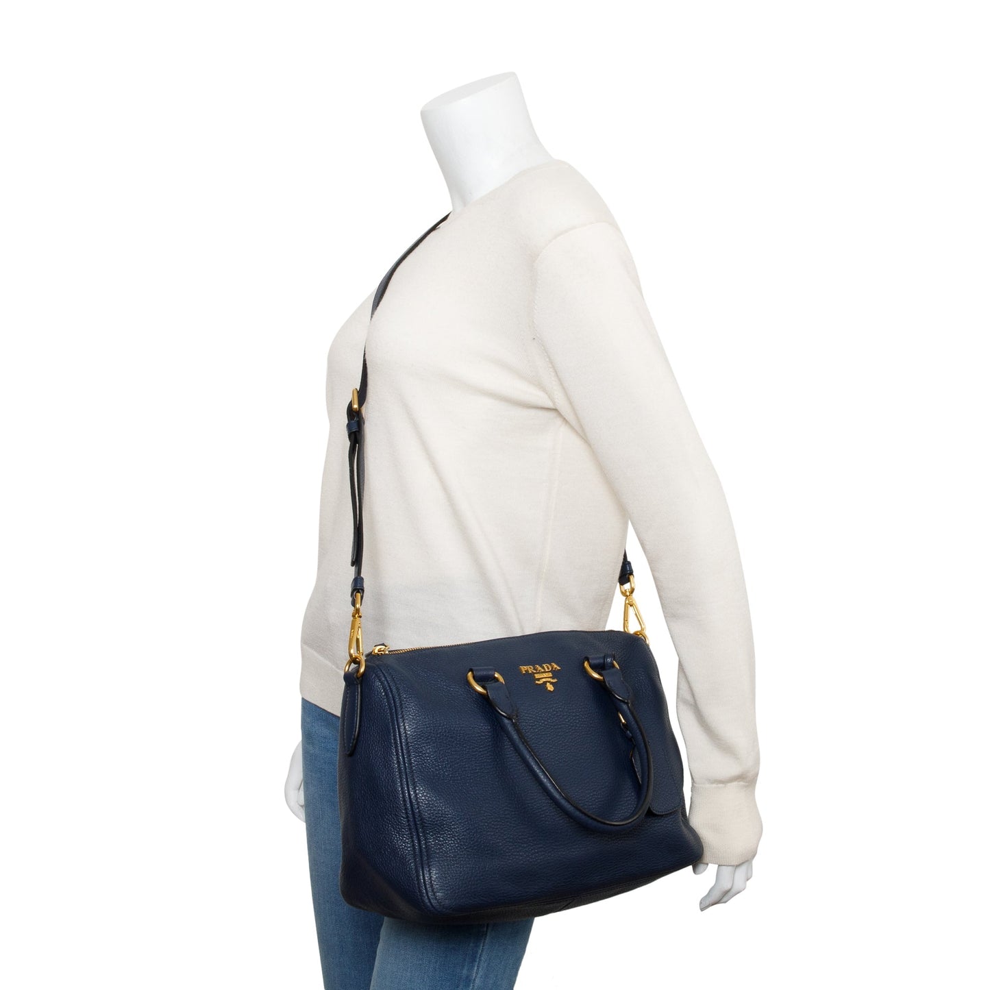 Prada Blue Vitello Phenix Leather Bauletto