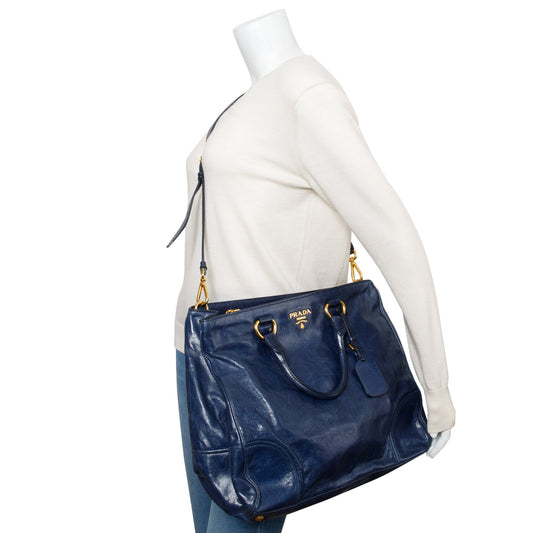Prada Blue Vitello Shine Leather Shopping Tote