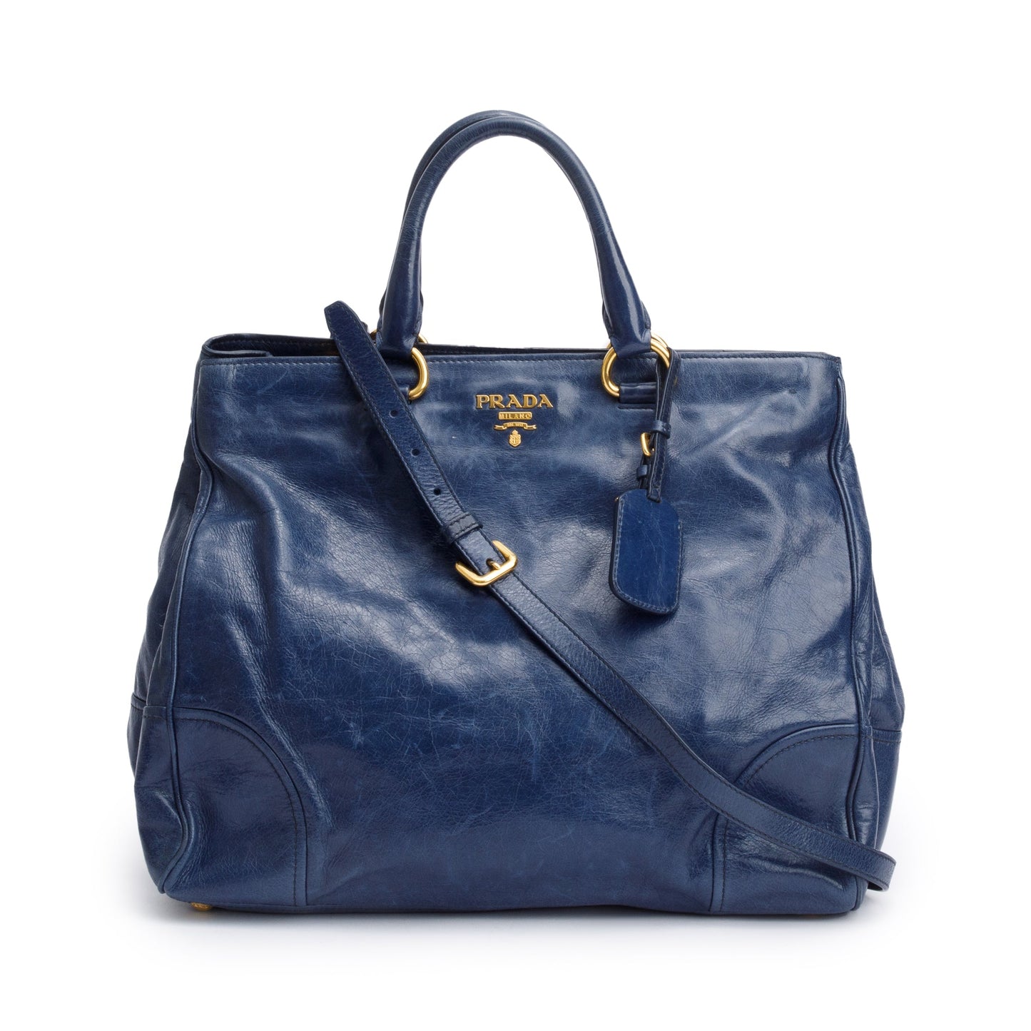 Prada Blue Vitello Shine Leather Shopping Tote