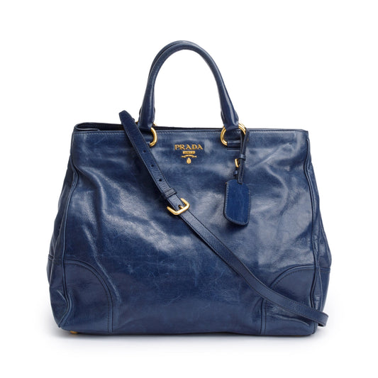 Prada Blue Vitello Shine Leather Shopping Tote