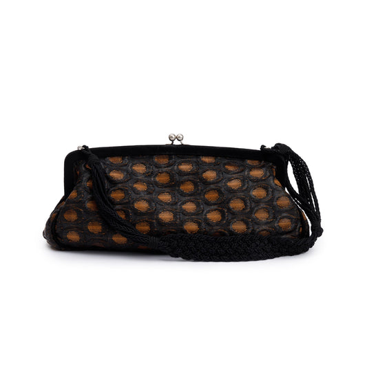 Prada Brown/ Beige Embroidered Satin Black Velvet Raso Frame Bag