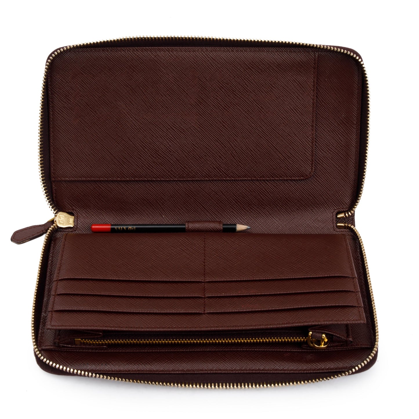 Prada Brown Saffiano Leather Zip Around Wallet