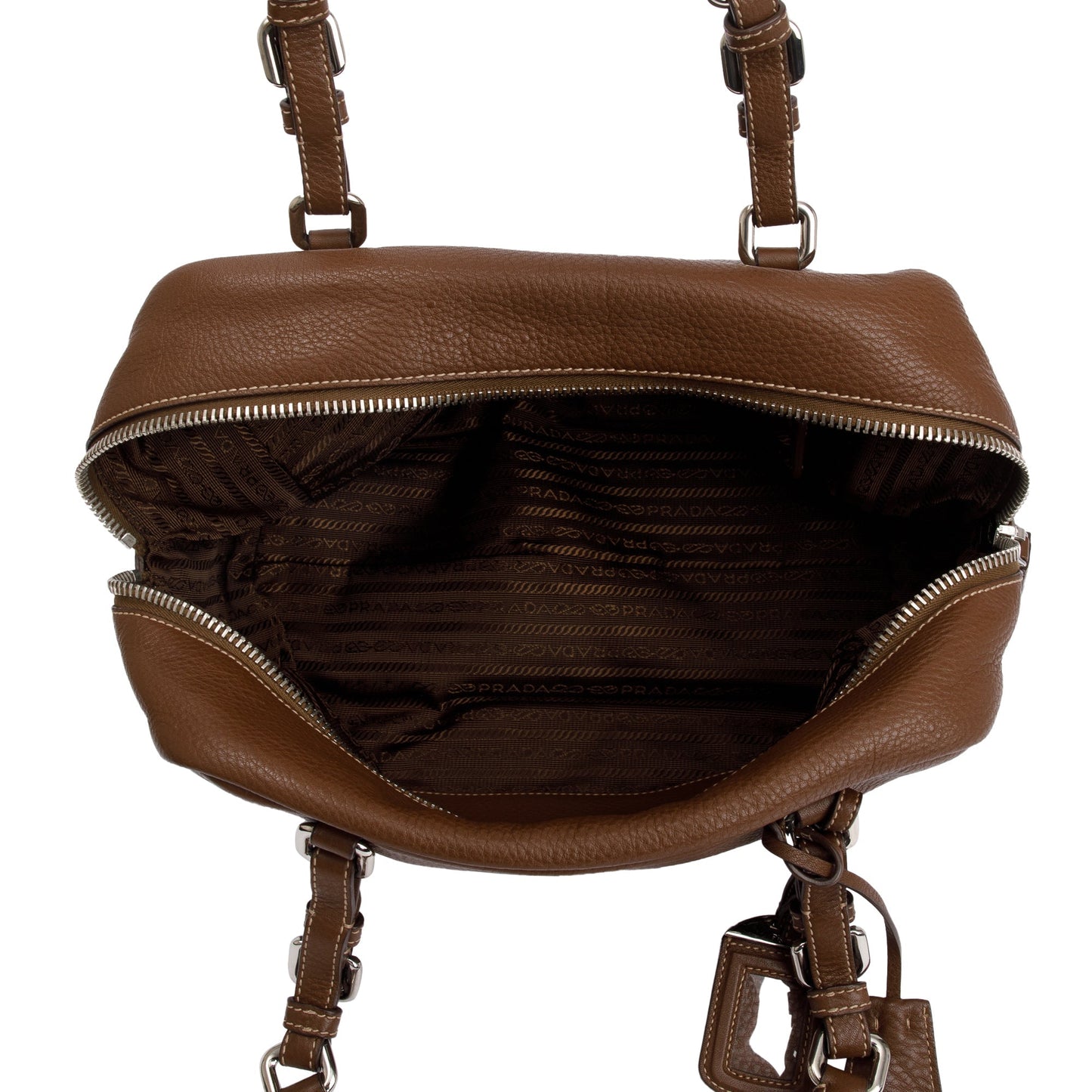 Prada Brown Vitello Daino Leather  Medium Bauletto Logo Bag